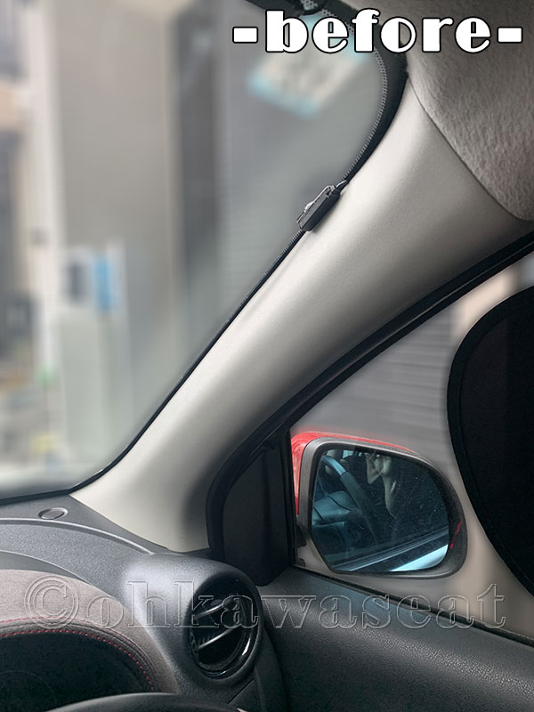 自動車シート張替えC-62/K-13マーチ　グローブボックス＆右ピラー張替え前